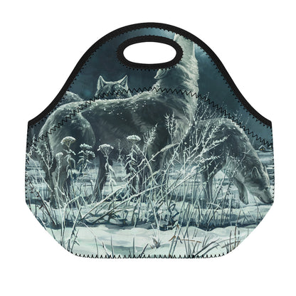Howling Snowy Wolf Painting Print Neoprene Lunch Bag