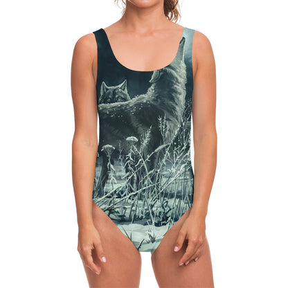 Howling Snowy Wolf Painting Print One Piece Swimsuit