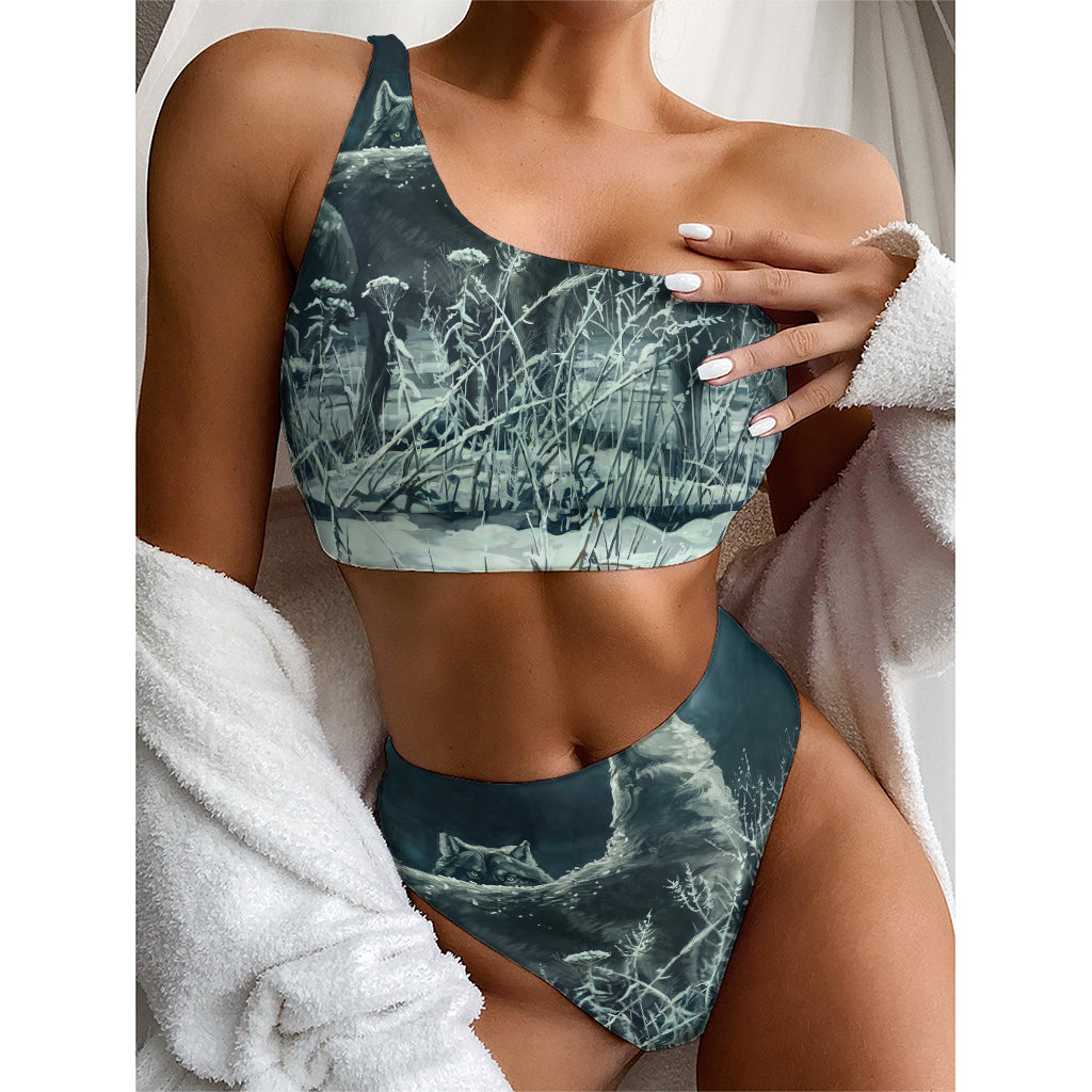 Howling Snowy Wolf Painting Print One Shoulder Bikini Top
