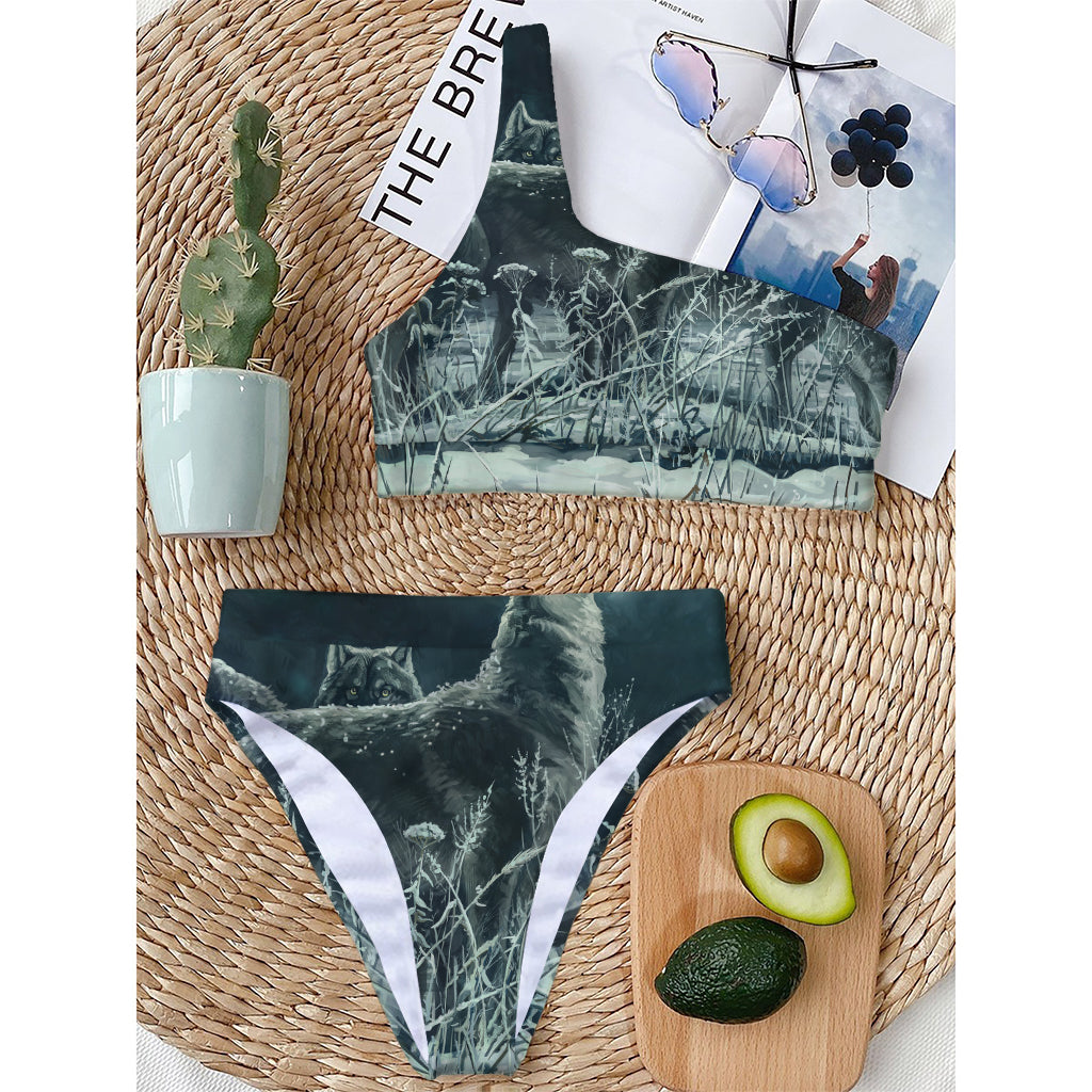 Howling Snowy Wolf Painting Print One Shoulder Bikini Top