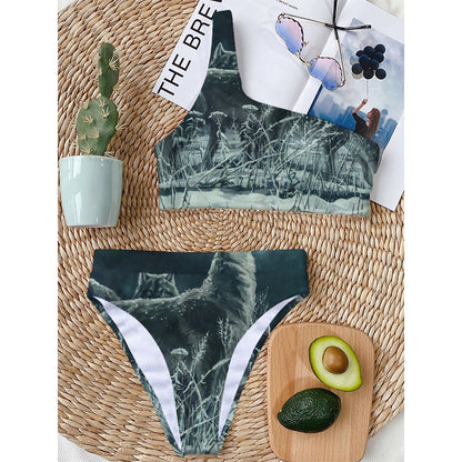 Howling Snowy Wolf Painting Print One Shoulder Bikini Top