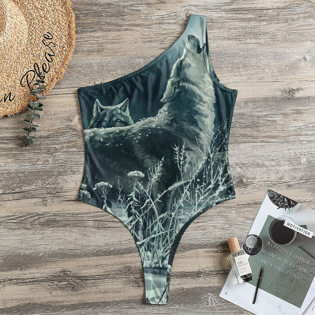 Howling Snowy Wolf Painting Print One Shoulder Bodysuit