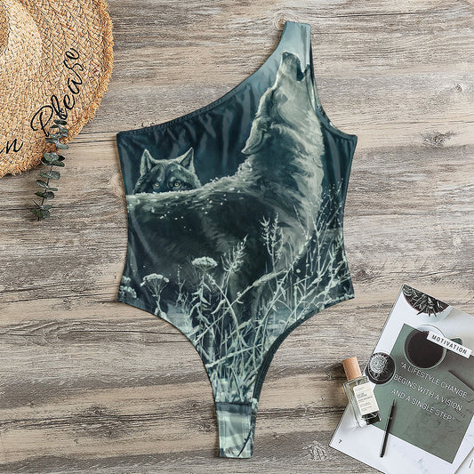 Howling Snowy Wolf Painting Print One Shoulder Bodysuit