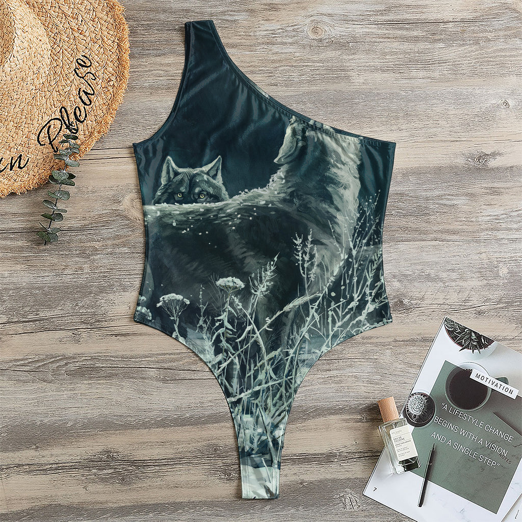 Howling Snowy Wolf Painting Print One Shoulder Bodysuit