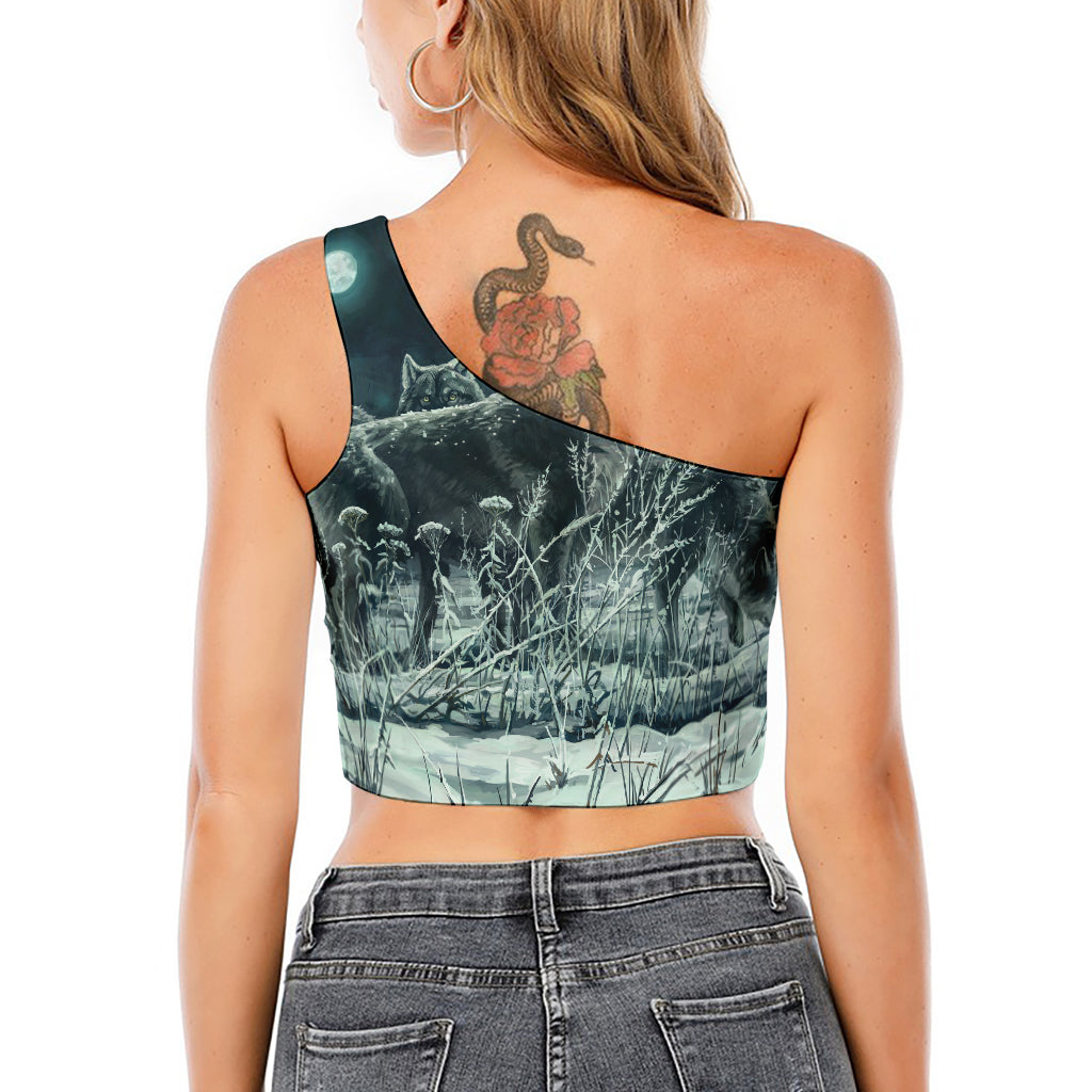 Howling Snowy Wolf Painting Print One Shoulder Crop Top