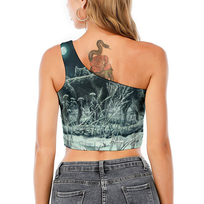 Howling Snowy Wolf Painting Print One Shoulder Crop Top