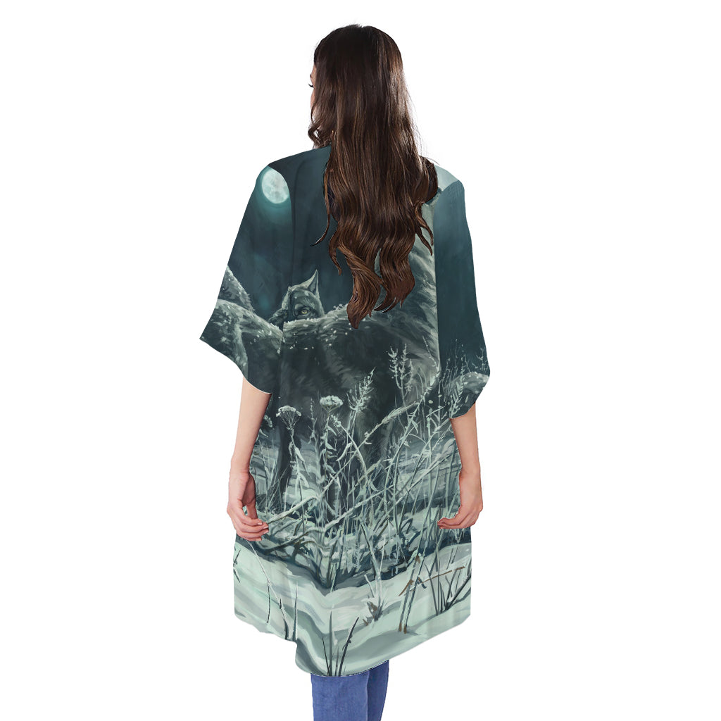 Howling Snowy Wolf Painting Print Open Front Beach Cover Up