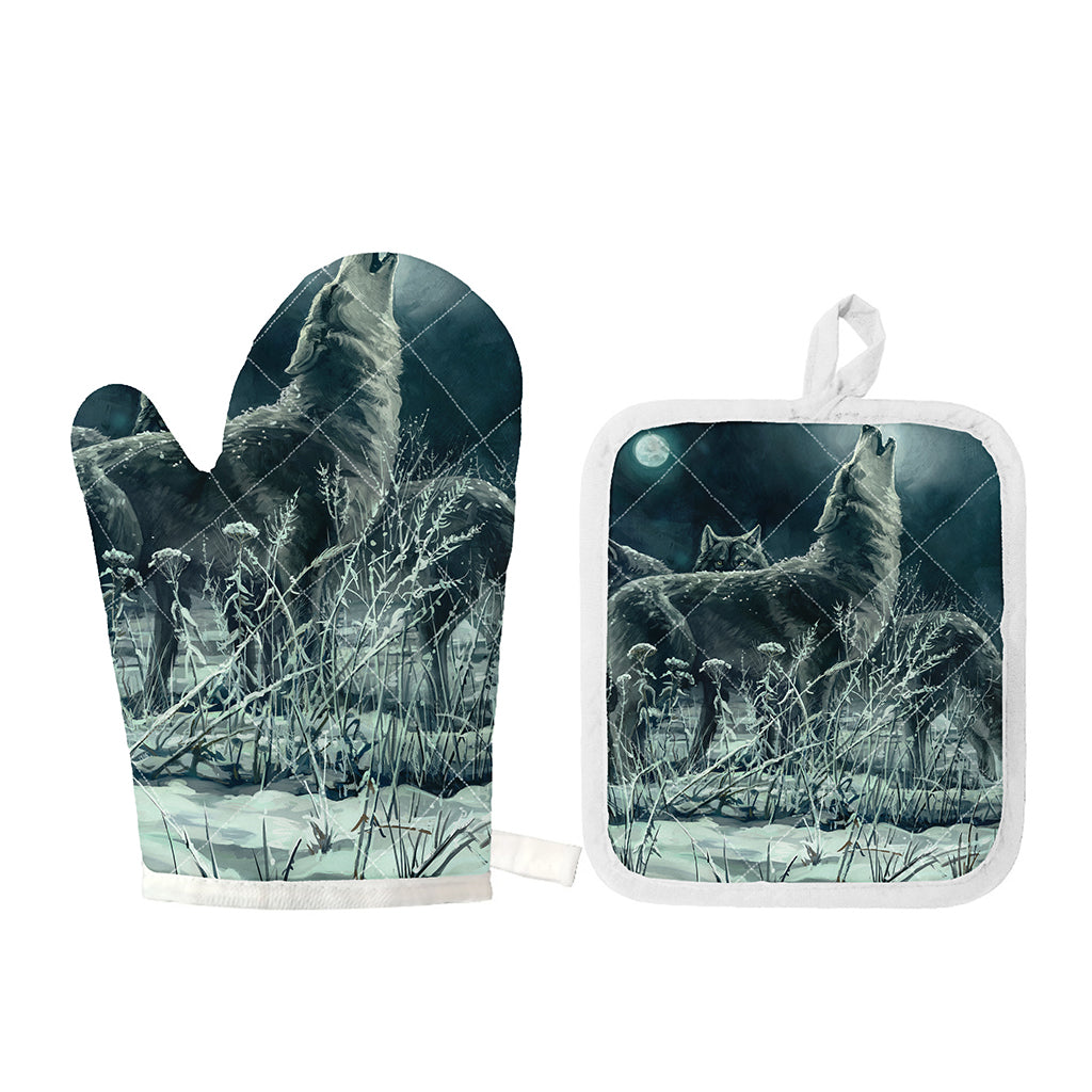 Howling Snowy Wolf Painting Print Oven Mitt And Pot Holder Set