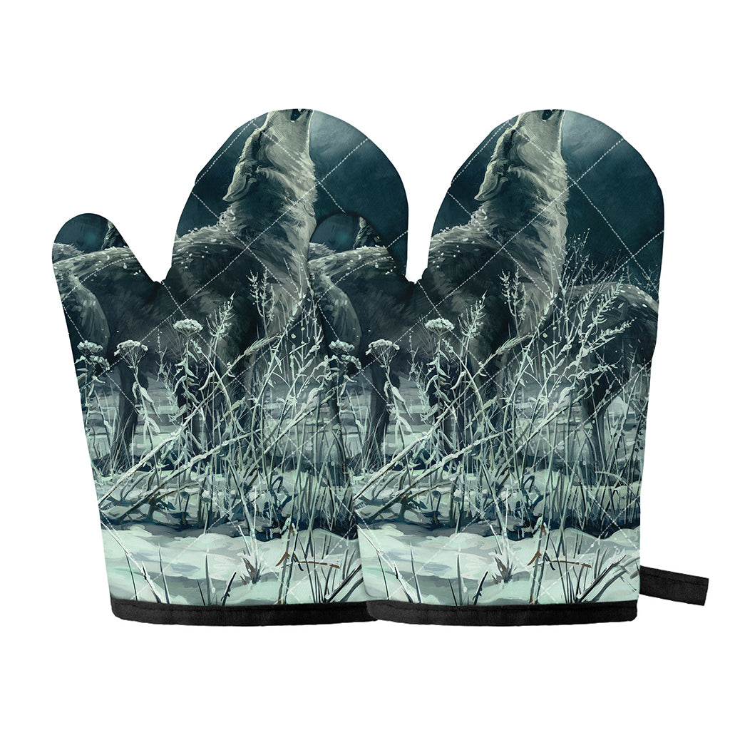 Howling Snowy Wolf Painting Print Oven Mitts