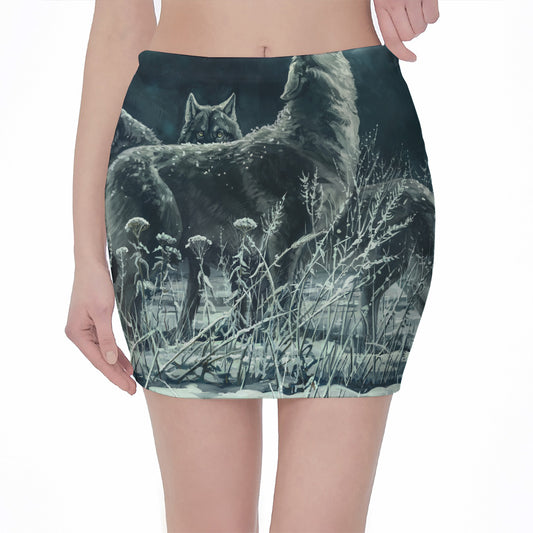Howling Snowy Wolf Painting Print Pencil Mini Skirt