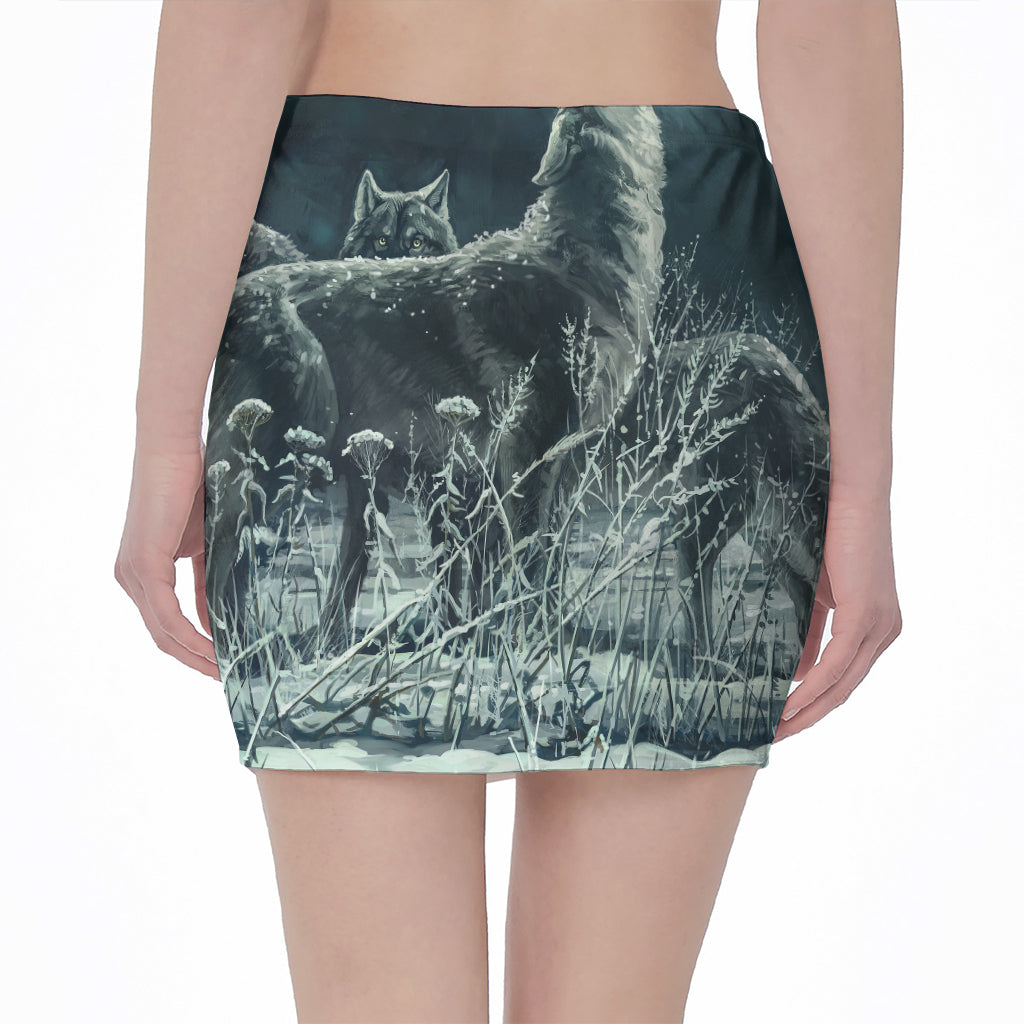 Howling Snowy Wolf Painting Print Pencil Mini Skirt