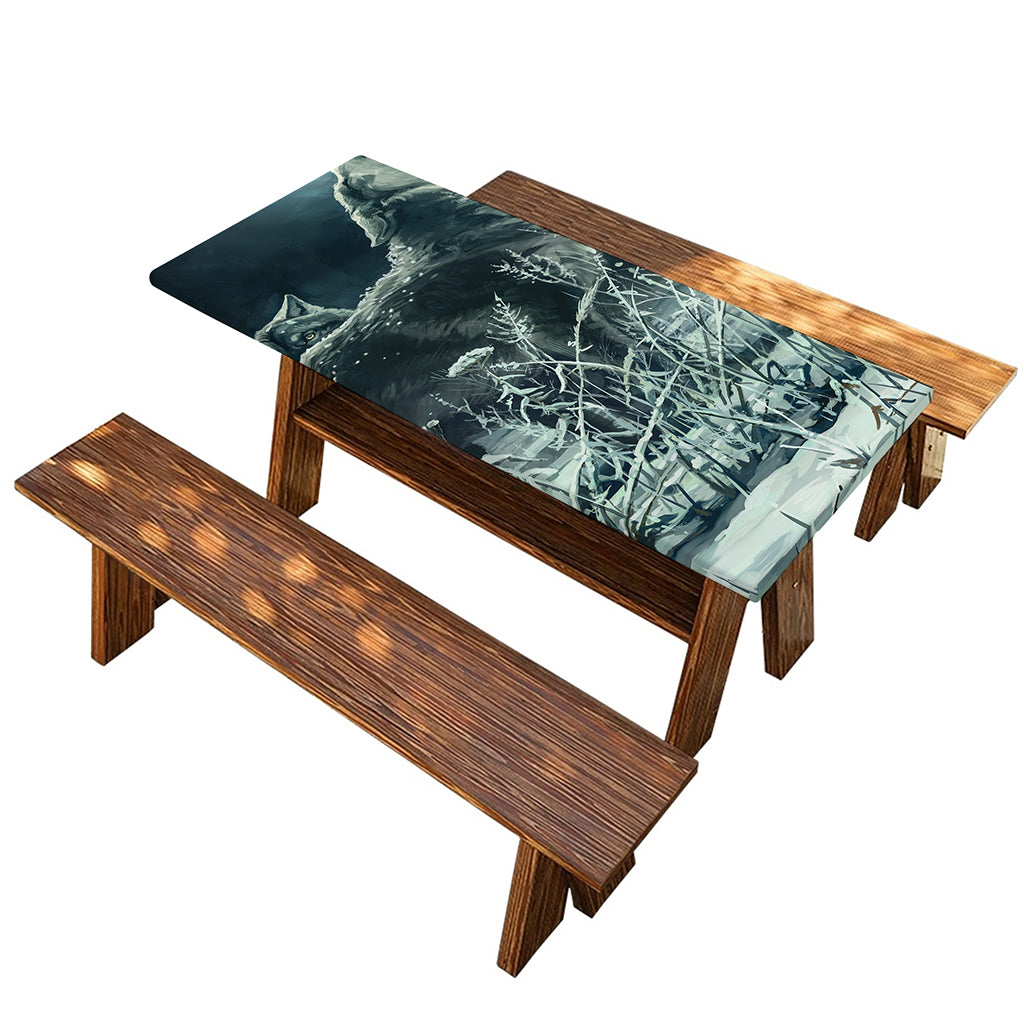 Howling Snowy Wolf Painting Print Picnic Table Cover