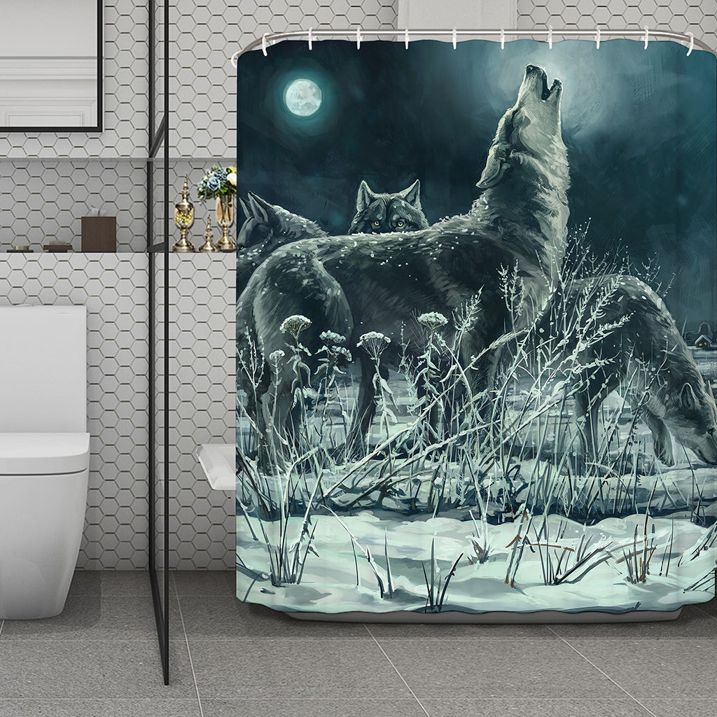 Howling Snowy Wolf Painting Print Polyester Shower Curtain