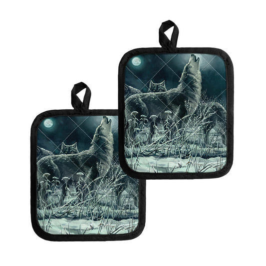 Howling Snowy Wolf Painting Print Pot Holders