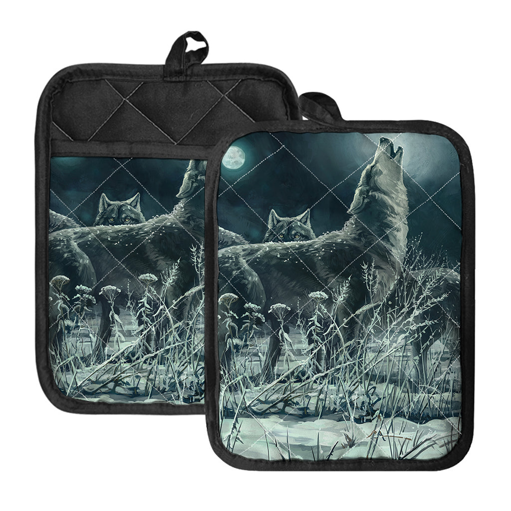 Howling Snowy Wolf Painting Print Pot Holders With Pocket