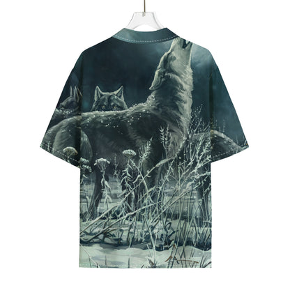 Howling Snowy Wolf Painting Print Rayon Hawaiian Shirt