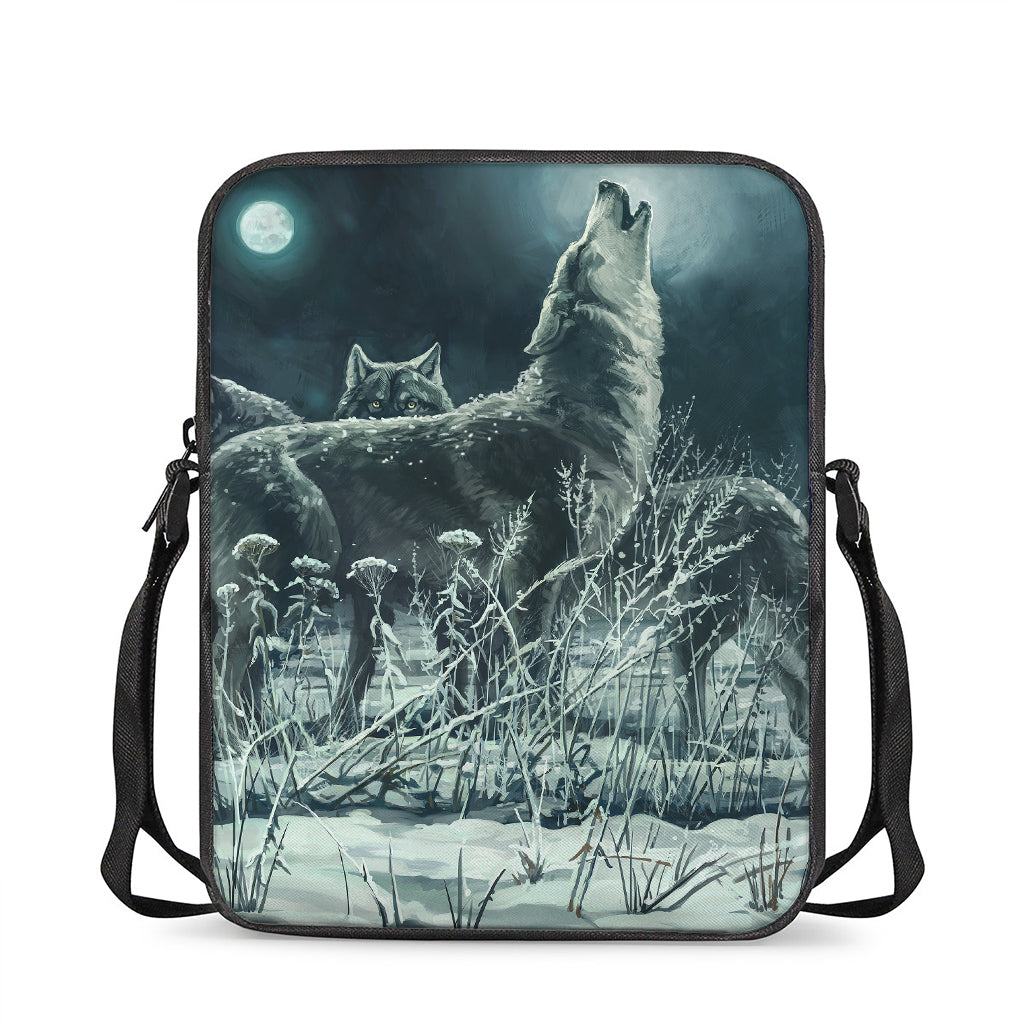 Howling Snowy Wolf Painting Print Rectangular Crossbody Bag