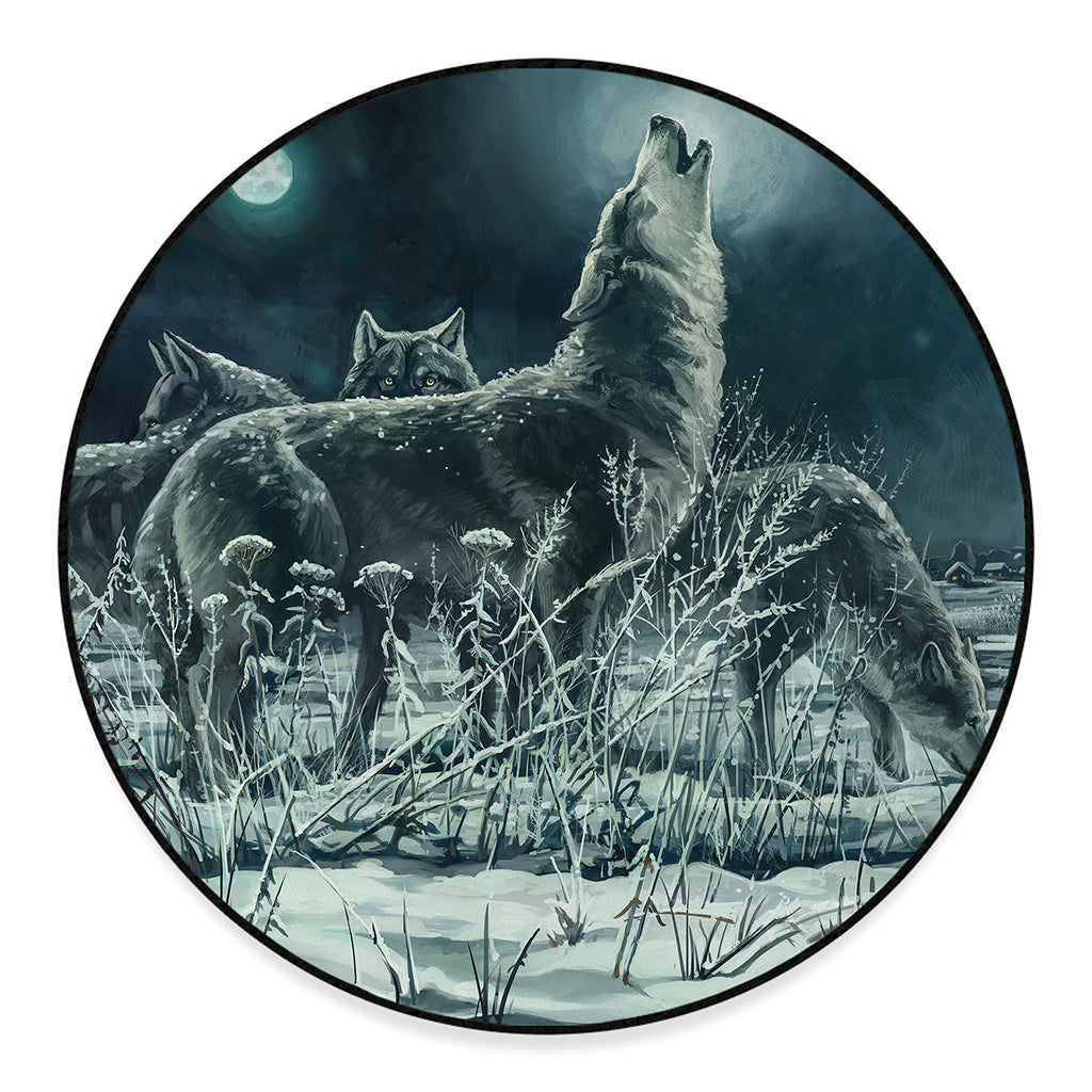 Howling Snowy Wolf Painting Print Round Floor Mat