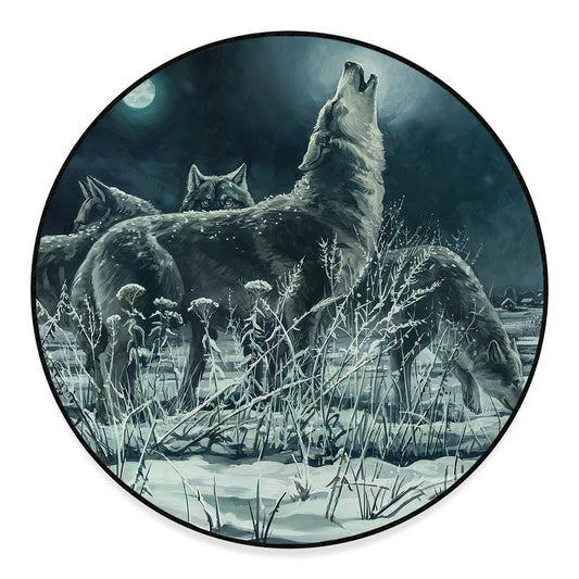 Howling Snowy Wolf Painting Print Round Floor Mat