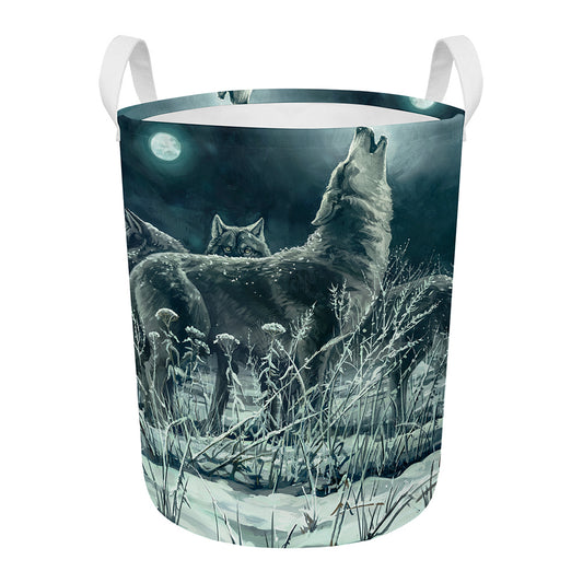 Howling Snowy Wolf Painting Print Round Laundry Basket