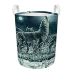 Howling Snowy Wolf Painting Print Round Laundry Basket
