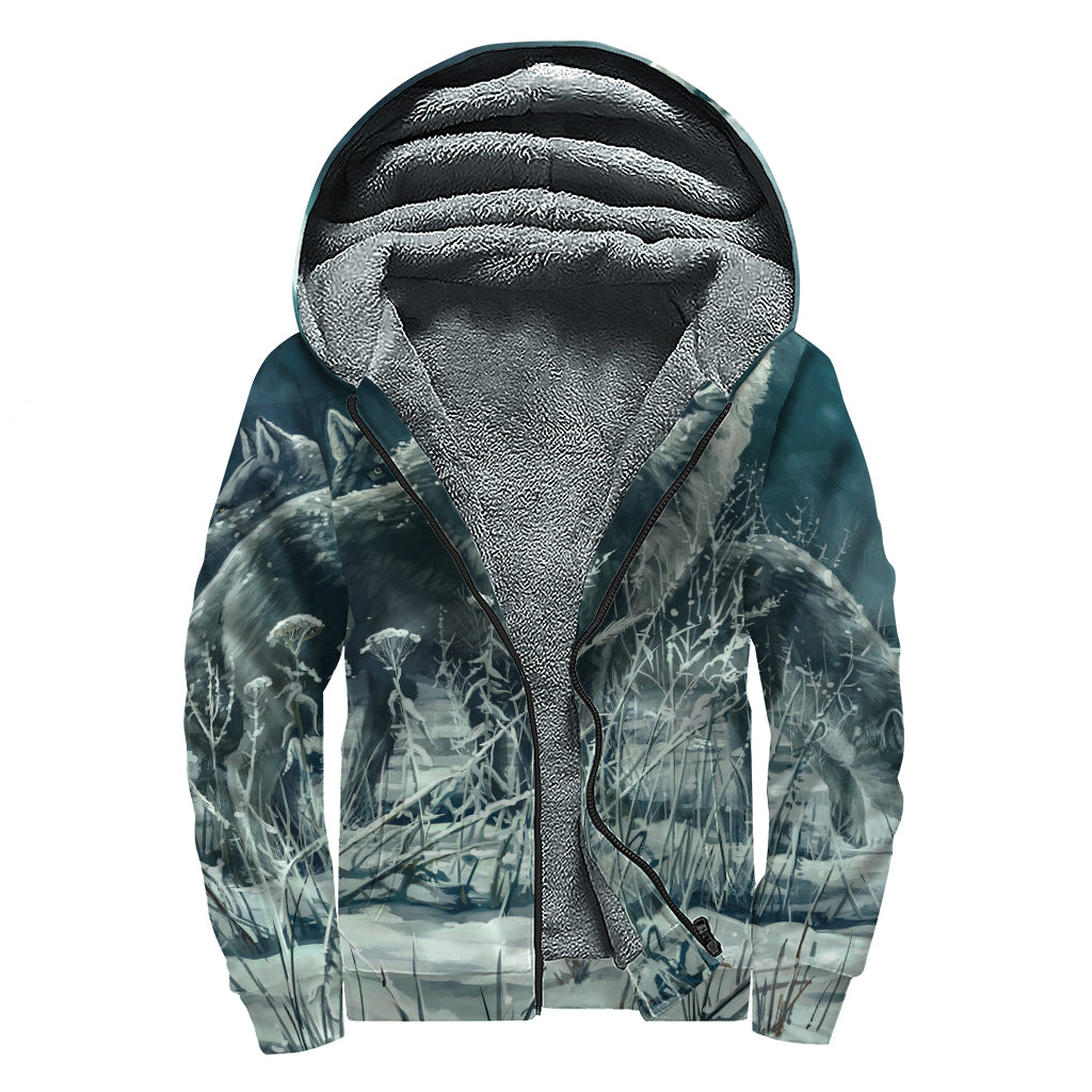 Howling Snowy Wolf Painting Print Sherpa Lined Zip Up Hoodie