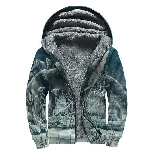 Howling Snowy Wolf Painting Print Sherpa Lined Zip Up Hoodie