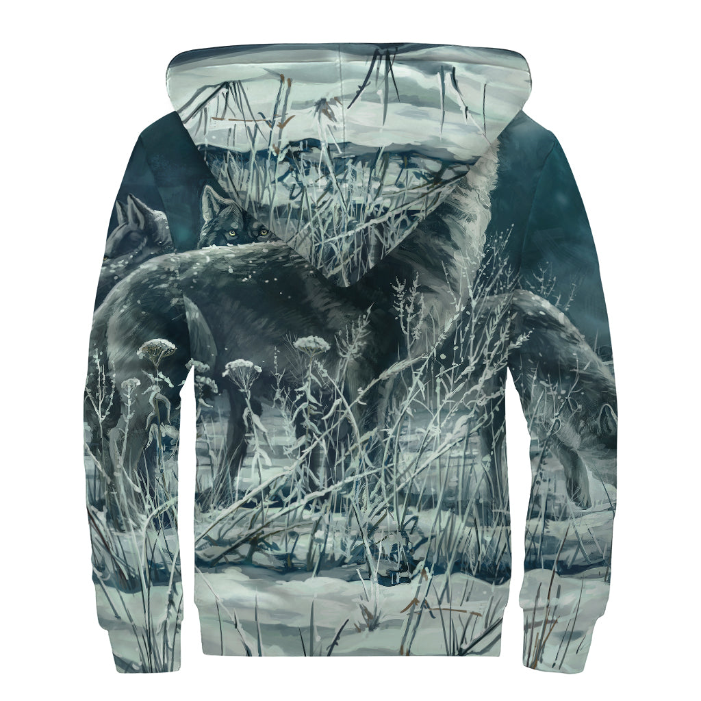 Howling Snowy Wolf Painting Print Sherpa Lined Zip Up Hoodie