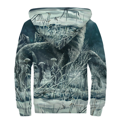 Howling Snowy Wolf Painting Print Sherpa Lined Zip Up Hoodie