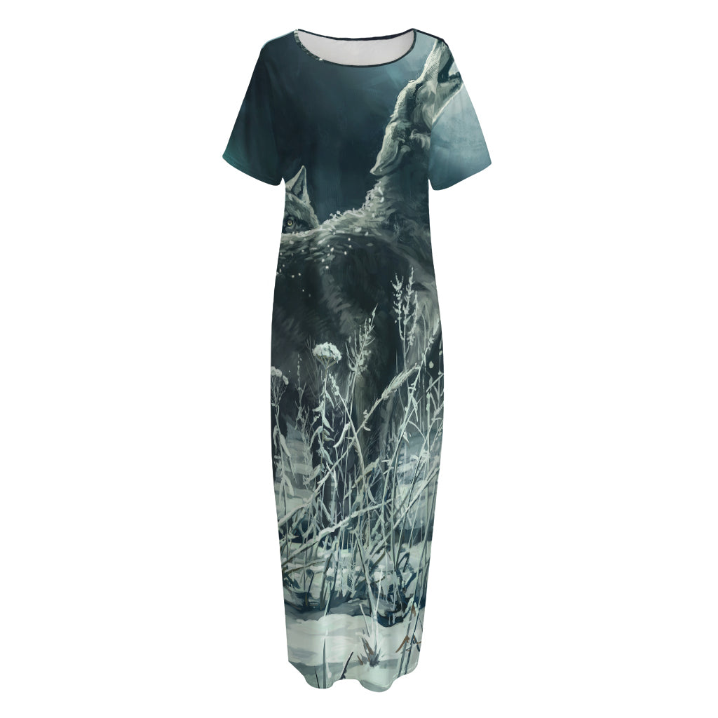 Howling Snowy Wolf Painting Print Short Sleeve Long Nightdress
