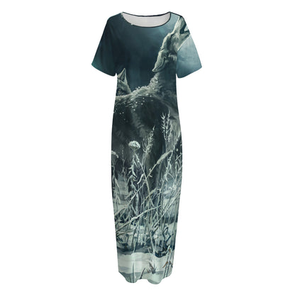 Howling Snowy Wolf Painting Print Short Sleeve Long Nightdress