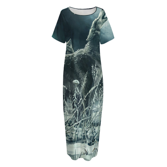 Howling Snowy Wolf Painting Print Short Sleeve Long Nightdress
