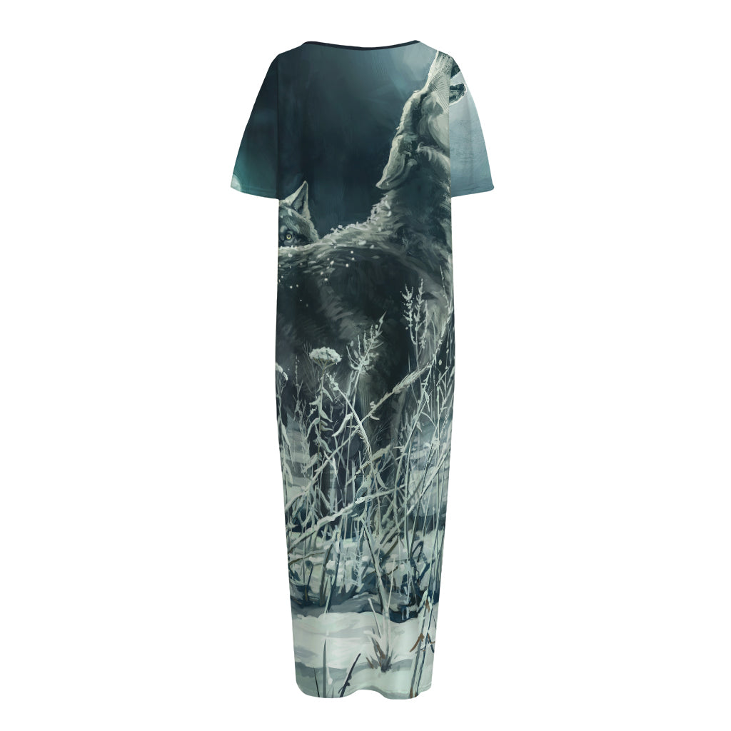 Howling Snowy Wolf Painting Print Short Sleeve Long Nightdress