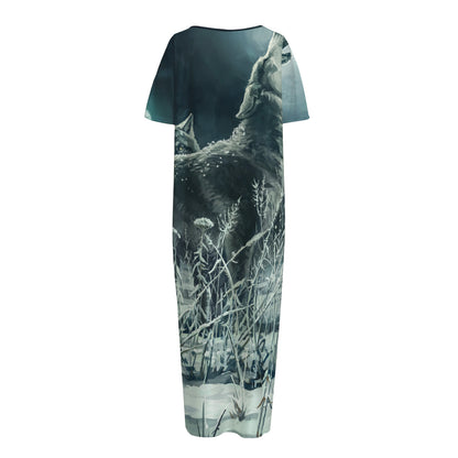 Howling Snowy Wolf Painting Print Short Sleeve Long Nightdress