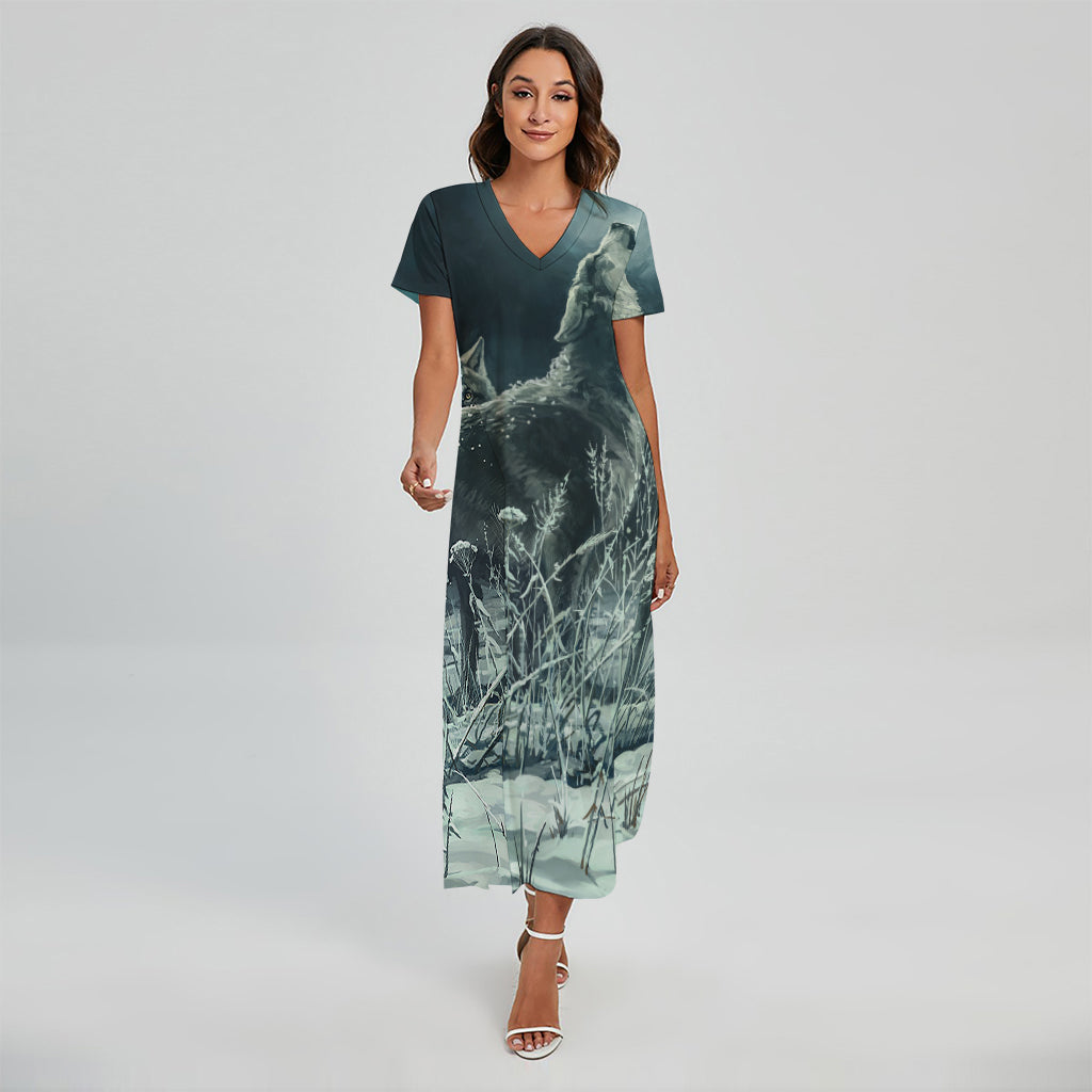 Howling Snowy Wolf Painting Print Short Sleeve Maxi Dress