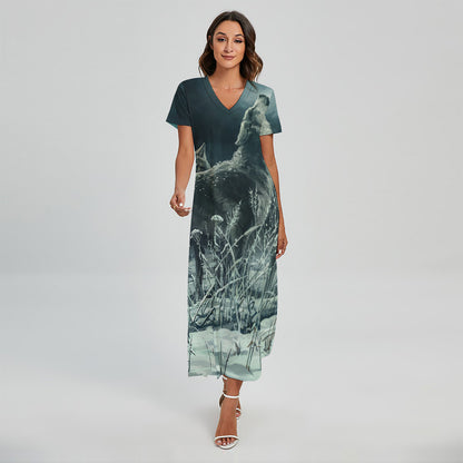 Howling Snowy Wolf Painting Print Short Sleeve Maxi Dress