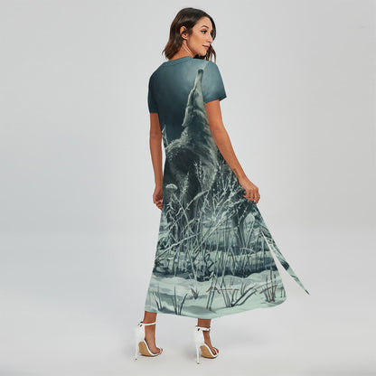 Howling Snowy Wolf Painting Print Short Sleeve Maxi Dress