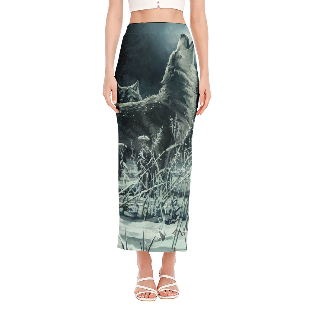 Howling Snowy Wolf Painting Print Side Slit Maxi Skirt