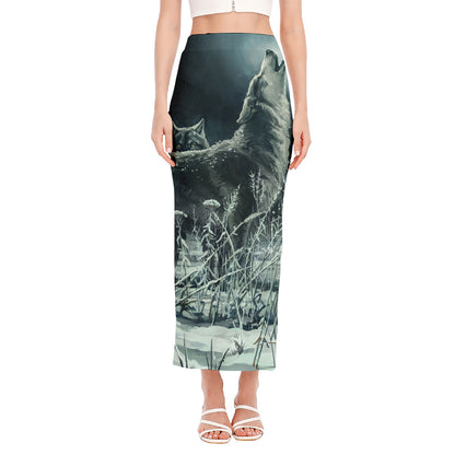 Howling Snowy Wolf Painting Print Side Slit Maxi Skirt