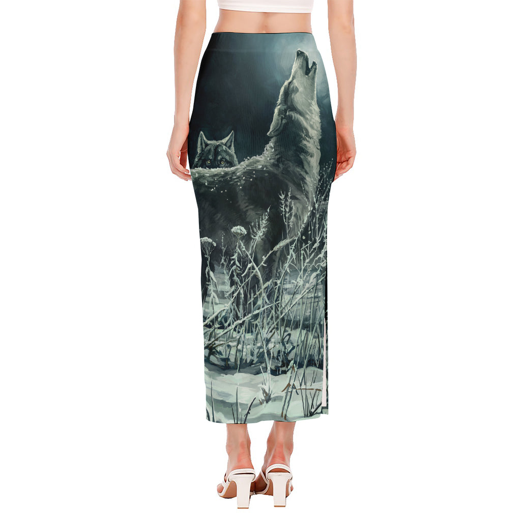 Howling Snowy Wolf Painting Print Side Slit Maxi Skirt