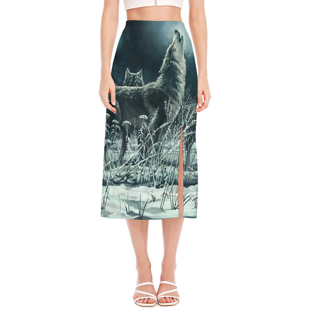 Howling Snowy Wolf Painting Print Side Slit Midi Skirt