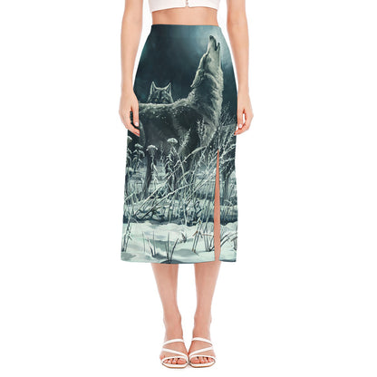 Howling Snowy Wolf Painting Print Side Slit Midi Skirt