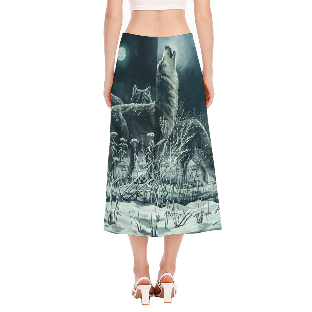 Howling Snowy Wolf Painting Print Side Slit Midi Skirt