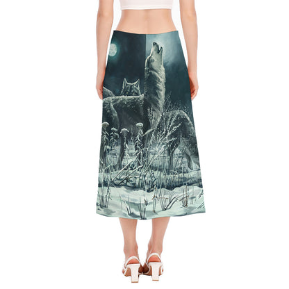 Howling Snowy Wolf Painting Print Side Slit Midi Skirt