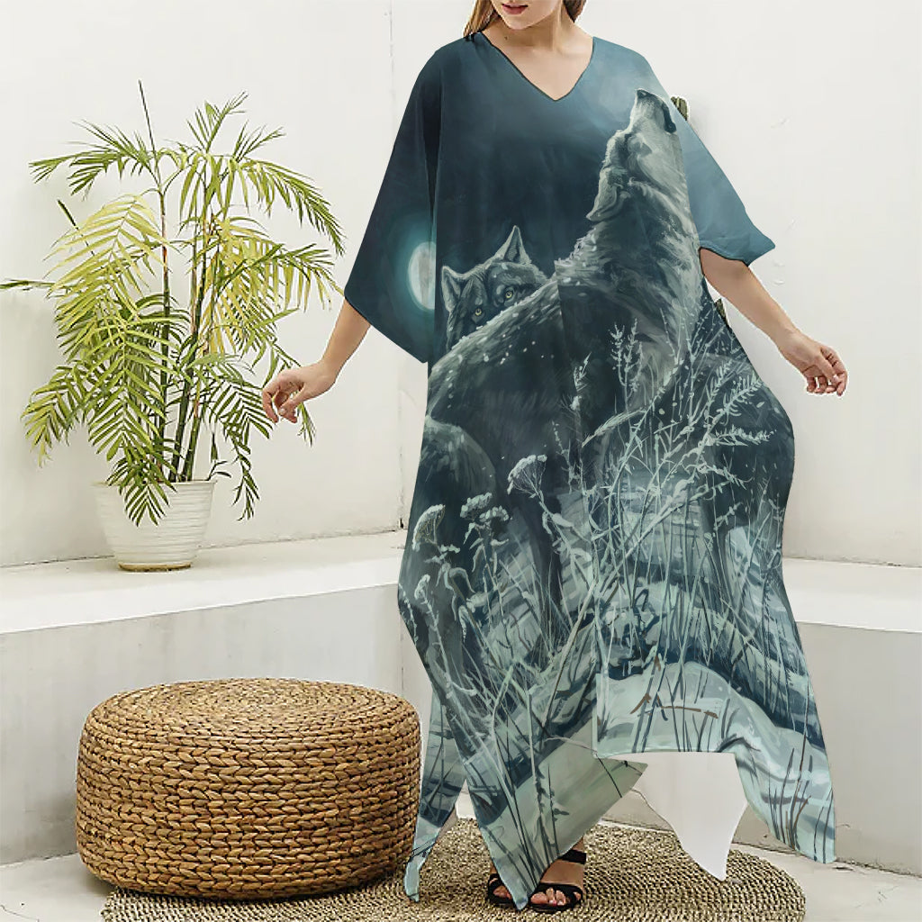 Howling Snowy Wolf Painting Print Silk V-Neck Kaftan Dress
