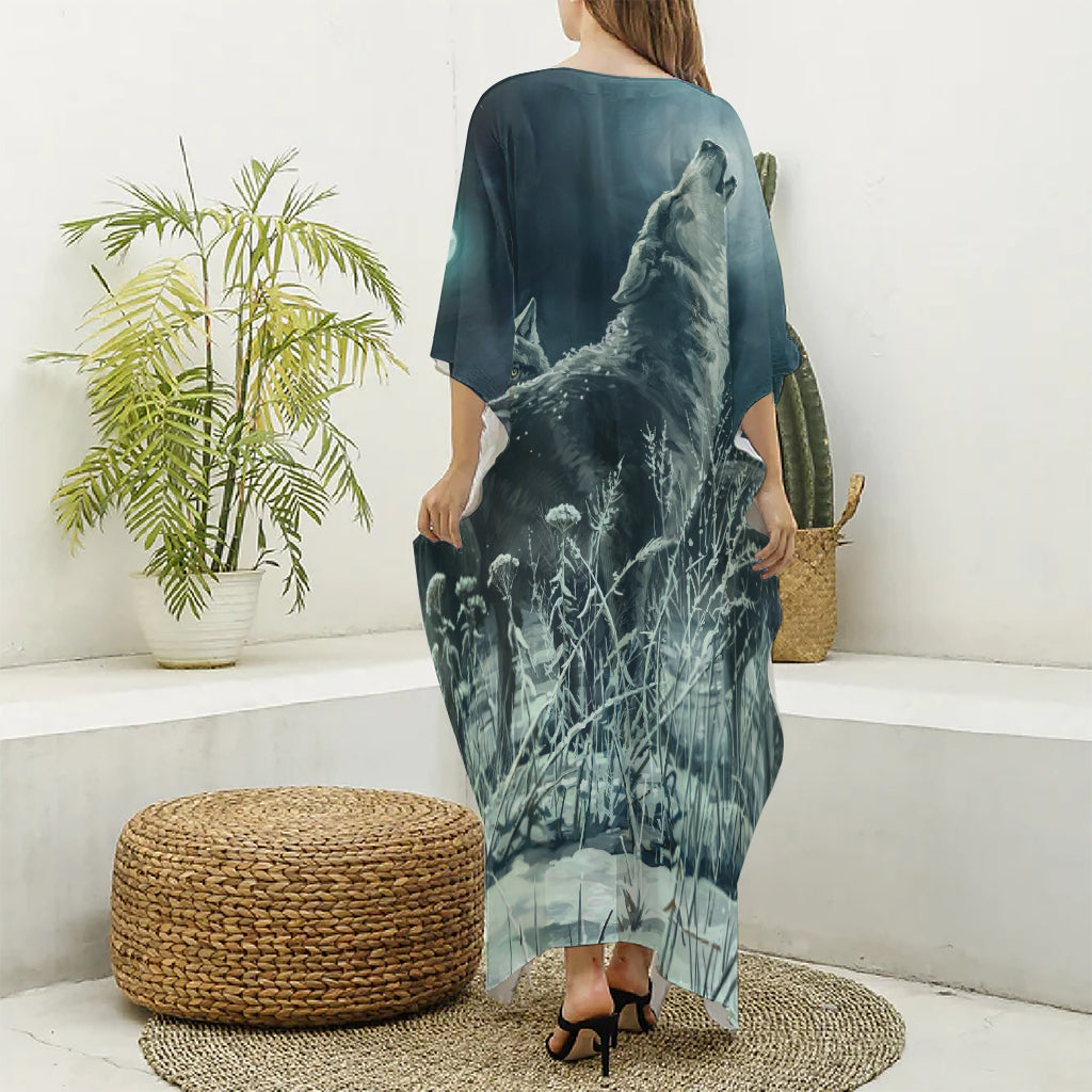 Howling Snowy Wolf Painting Print Silk V-Neck Kaftan Dress