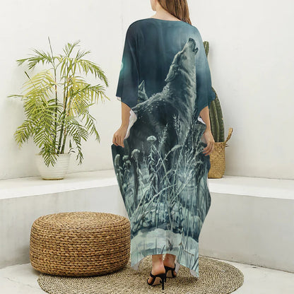 Howling Snowy Wolf Painting Print Silk V-Neck Kaftan Dress