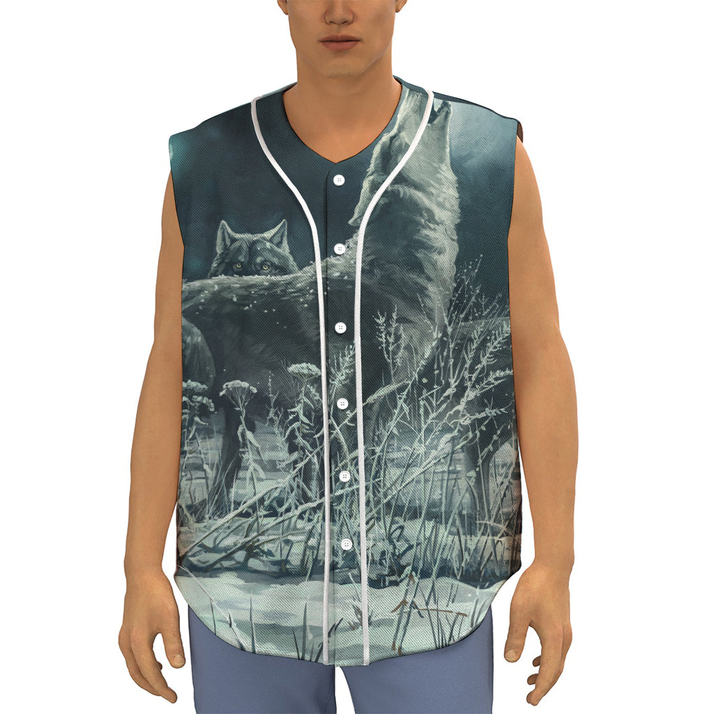 Howling Snowy Wolf Painting Print Sleeveless Baseball Jersey