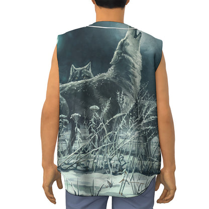 Howling Snowy Wolf Painting Print Sleeveless Baseball Jersey