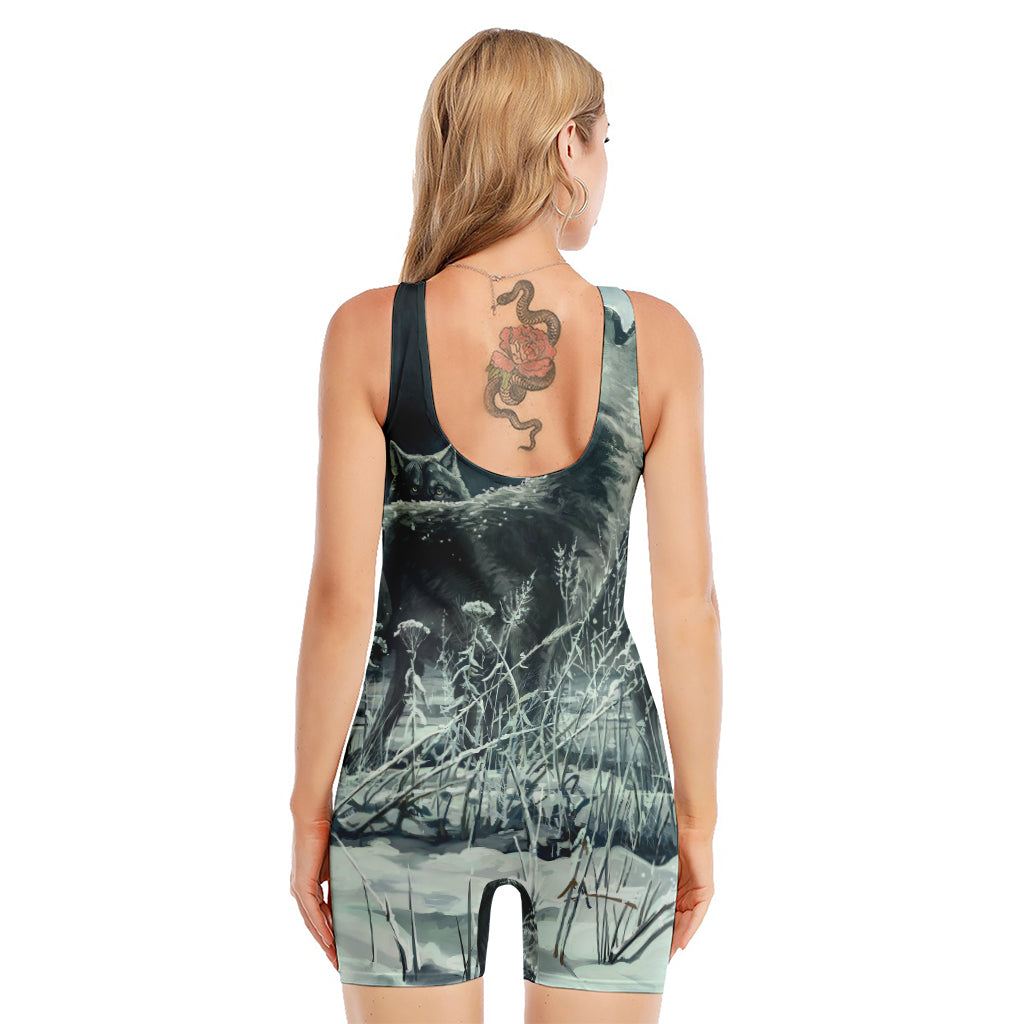 Howling Snowy Wolf Painting Print Sleeveless One Piece Swimsuit
